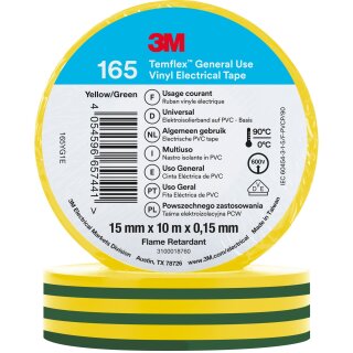 3M PVC Elektro-Isolierband 165YG1E Temflex165 grün-gelb 15mm x10m